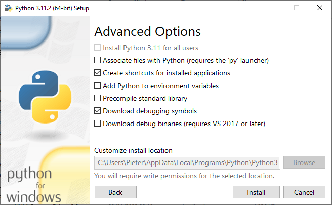 Python installation Windows debugging symbols